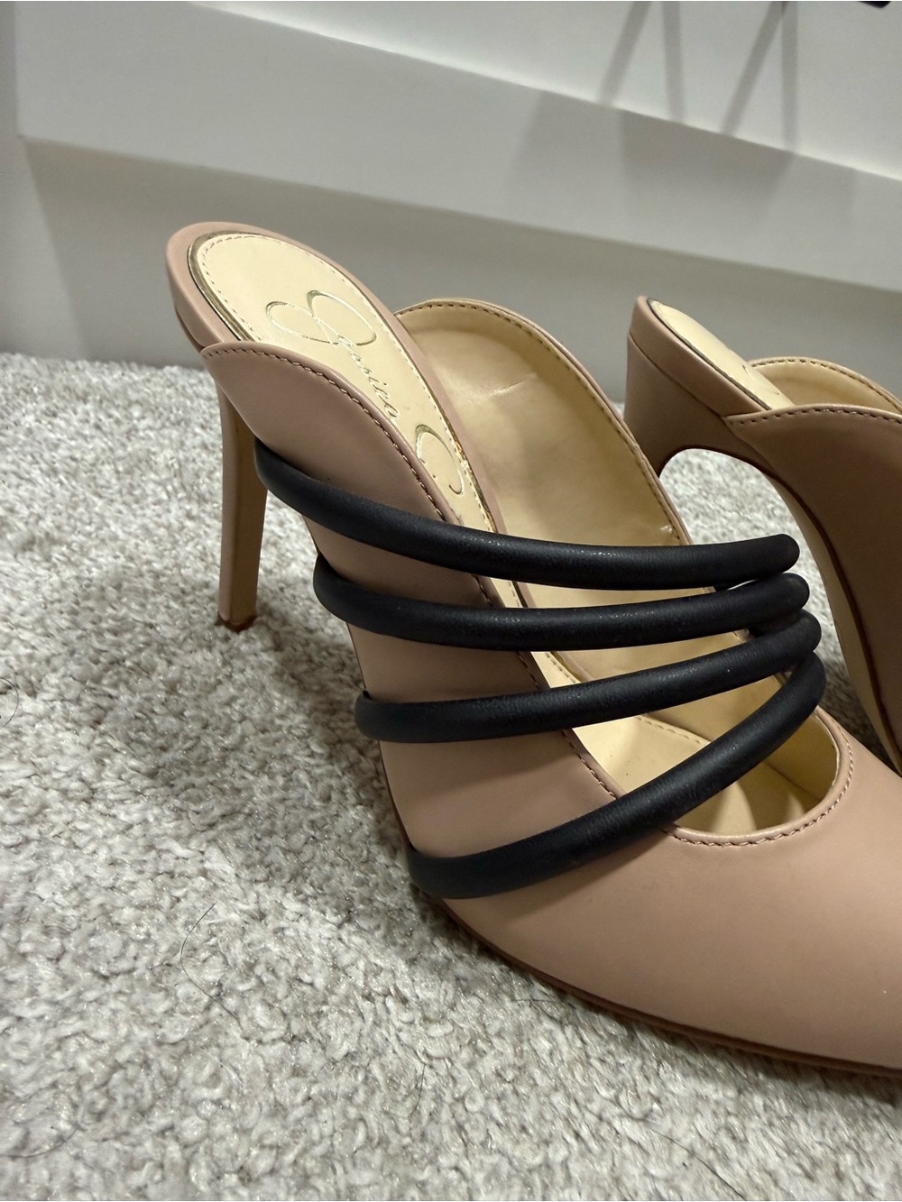 Jessica Simpson Blush Tan Mule with Black Multi-Strap Detail